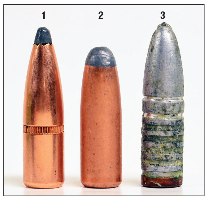 Suitable bullets for the 8x56: (1) Hornady 195-grain InterLock SP, (2) Hawk 200-grain (.030-inch jackets) and (3) 215-grain cast with gas check.